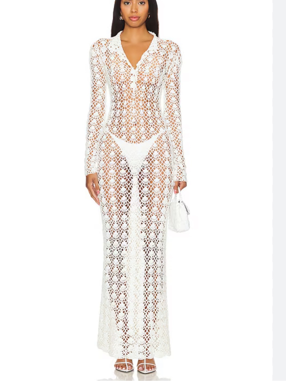 Paris Georgia White Crochet Long-Sleeve Maxi Dress XS NWT